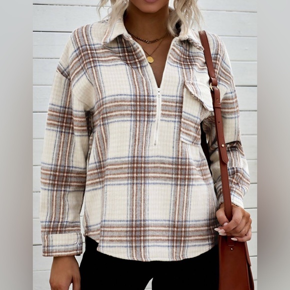 Women’s Plaid Half Zip Up Collared Fall Sweater Shacket - Picture 6 of 8